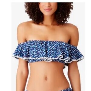Women’s Anne Cole Flounce Around Off Shoulder Bikini Swim Top Blue Geo Dot New